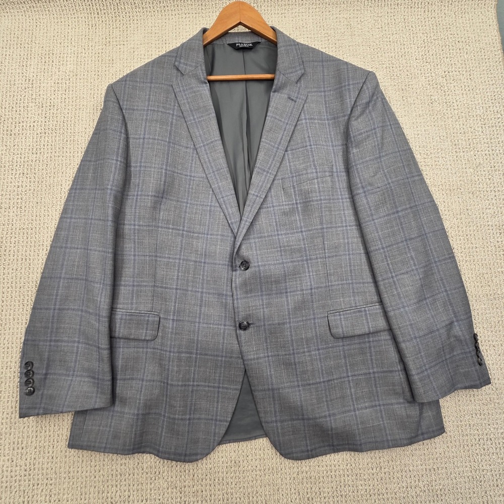 Jos A Bank‎ Traveler Traditional Fit Wool Blazer Jacket Gray Blue Plaid Mens 50R - Picture 2 of 10